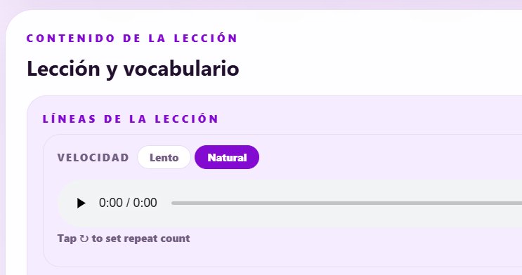 El reproductor de las líneas de la lección con un botón de velocidad entre Lento y Natural.