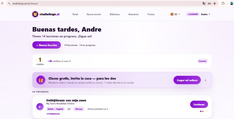 El panel de Studio Lingo, mostrando lecciones en progreso con su par de idiomas, su nivel y la fecha del último acceso.