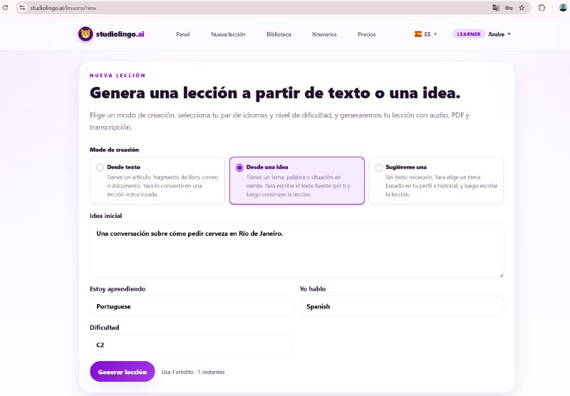 La pantalla de Nueva lección con los selectores de &ldquo;Estoy aprendiendo&rdquo; y &ldquo;Hablo&rdquo; y el selector de dificultad de A1 a C2.
