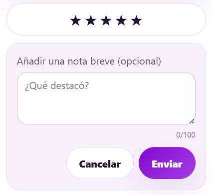 Una calificación de lección con cinco estrellas, un campo opcional de nota &ldquo;¿Qué te llamó la atención?&rdquo; y un botón de Enviar.