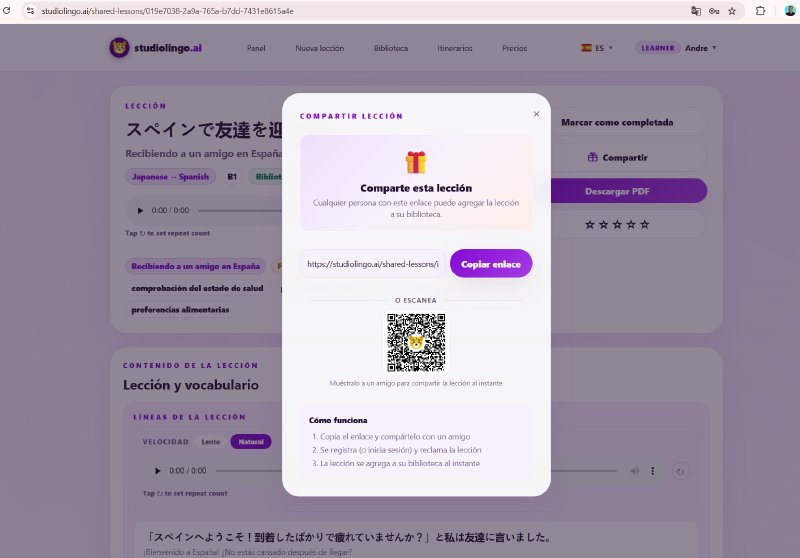La ventana de Compartir lección — &ldquo;Regala el aprendizaje&rdquo; — con un campo para copiar el enlace, un código QR para escanear, y tres pasos que explican cómo un amigo reclama la lección compartida.