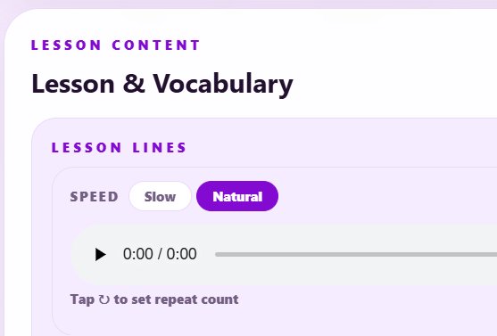 Lesson lines player जिसका speed toggle Slow और Natural के बीच set है।