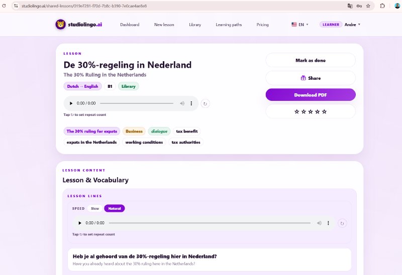 Een geopende les met de titel in beide talen, de talencombinatie en het niveau, volledige lesaudio, en knoppen om als klaar te markeren, te delen en een PDF te downloaden.