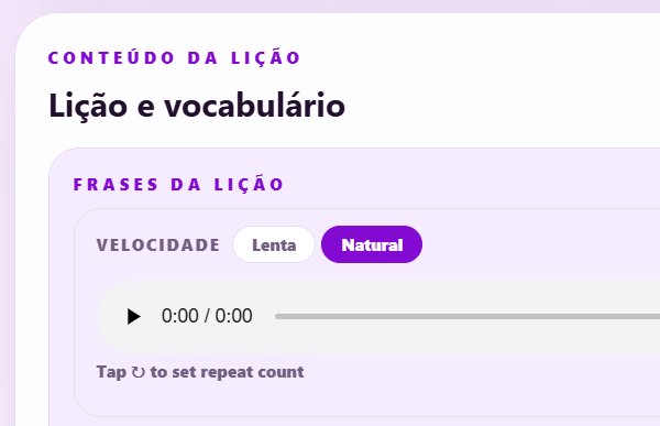 O player das frases da lição com um botão de velocidade entre Devagar e Natural.