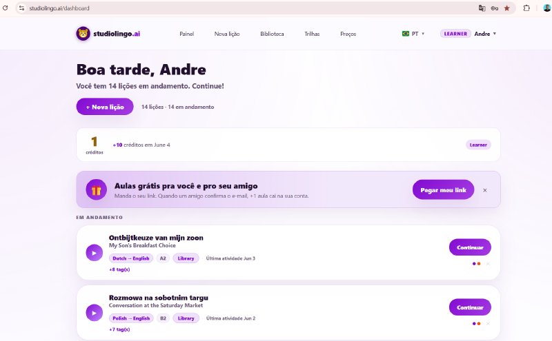 O painel do Studio Lingo, mostrando lições em andamento com o par de idiomas, o nível e a data do último acesso.