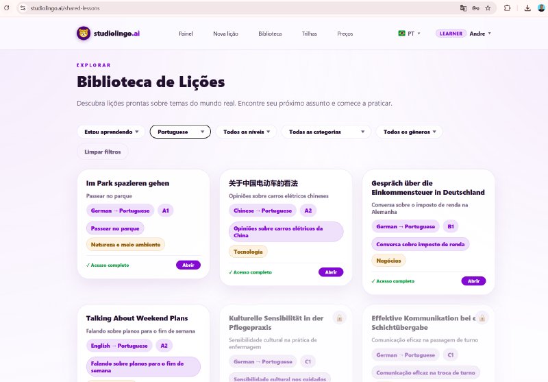A Biblioteca de Lições, com filtros pro idioma que você está aprendendo, o idioma que você fala, nível, categoria e gênero, acima de uma grade de cards de lições prontas — alguns com acesso total, outros com opção de upgrade.
