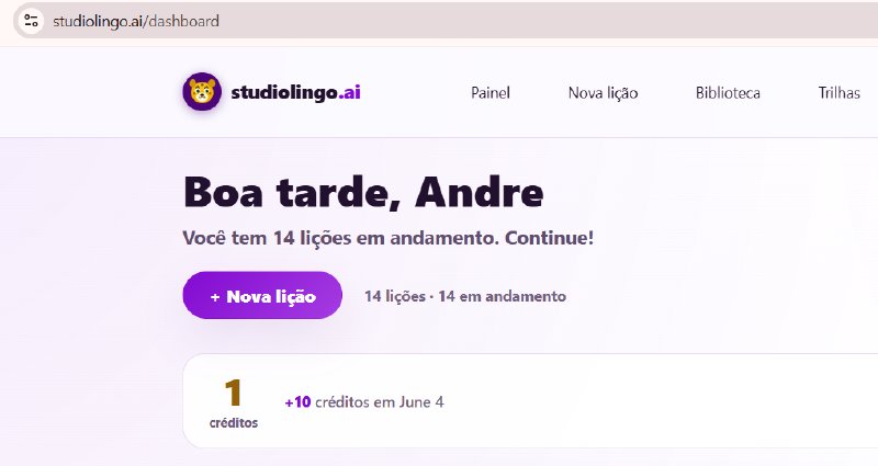 O botão Nova lição ao lado do seu saldo de créditos e de quando os próximos créditos chegam.