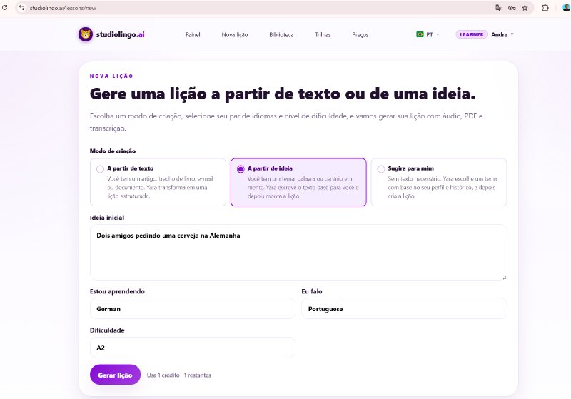 A tela de Nova lição com os seletores de &ldquo;Estou aprendendo&rdquo; e &ldquo;Eu falo&rdquo; e o seletor de dificuldade de A1 a C2.