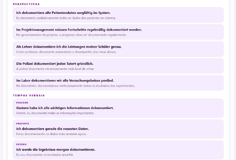 Um drill de vocabulário mostrando uma palavra em várias frases de perspectivas da vida real e conjugada nos tempos passado, presente e futuro, cada uma com a tradução.