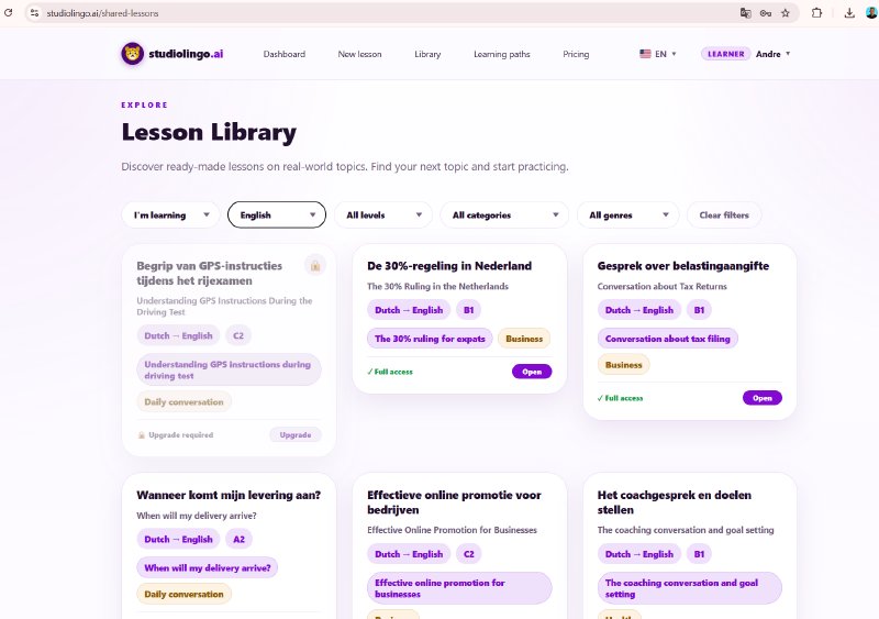 The Lesson Library, with filters for the language you&rsquo;re learning, the language you speak, level, category, and genre, above a grid of ready-made lesson cards — some showing full access, others an upgrade option.