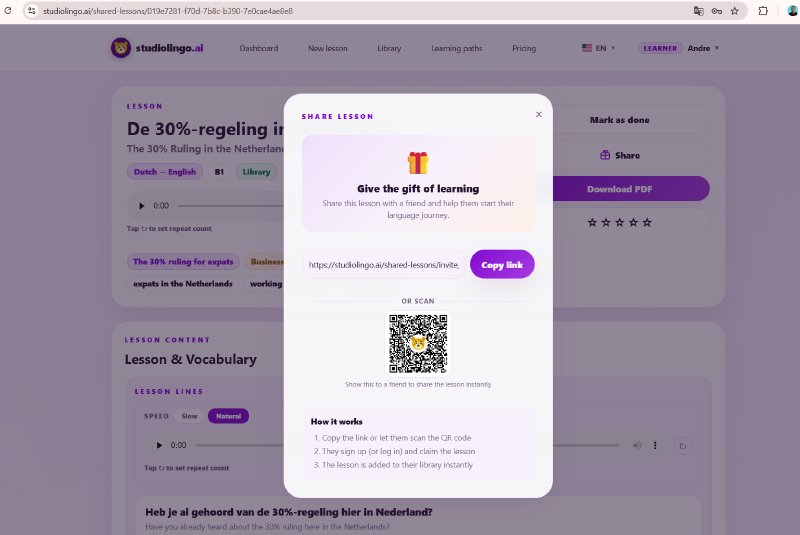 The Share lesson window — &ldquo;Give the gift of learning&rdquo; — with a copy-link field, a QR code to scan, and three steps explaining how a friend claims the shared lesson.